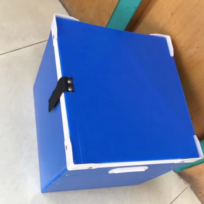 蓝色 PP 中空板白色塑胶包边翻盖周转箱