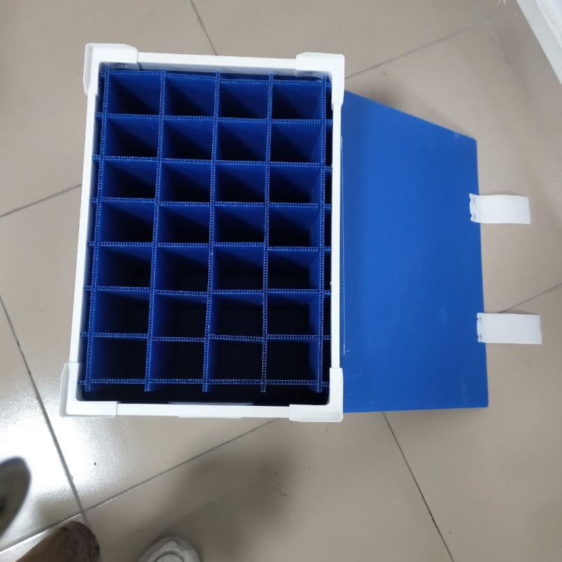 蓝色 PP 中空板白色护角翻盖多格分格周转箱